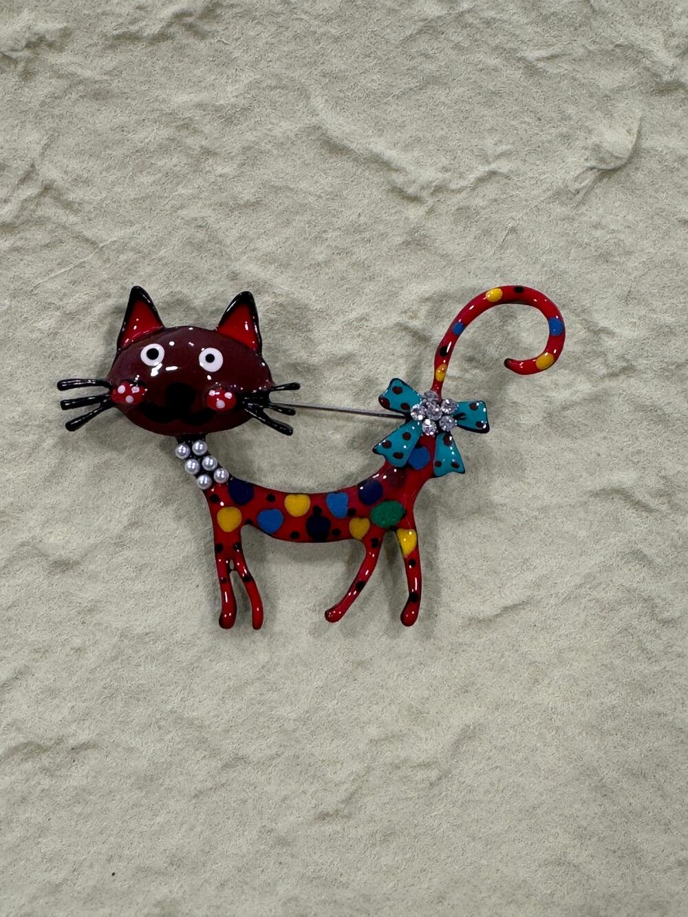 New Whimsical Red & Multi-Color Enamel Cat Brooch Pin  Costume Jewelry CP25